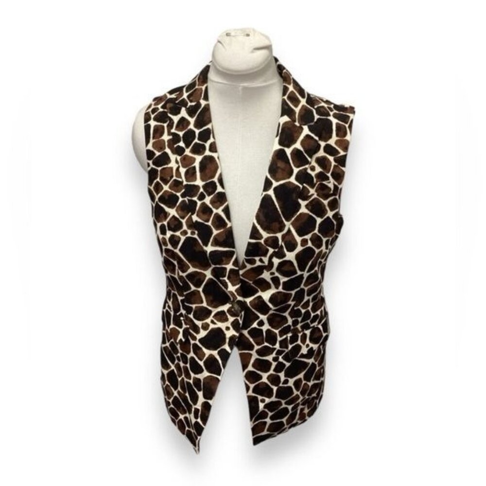 Calvin Klein Women’s Linen Blend Button Front Belted Vest Animal Print Brown 10